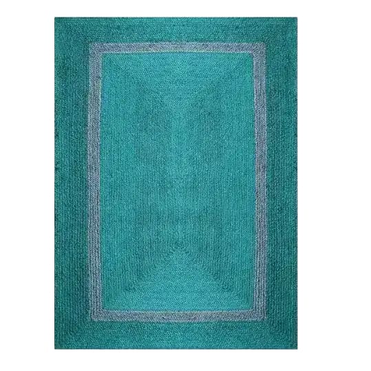 Top view of a teal and gray braided jute area rug, perfect for enhancing your living room decor. This living room area rug features a simple yet elegant design with a central teal panel bordered by a subtle gray accent.