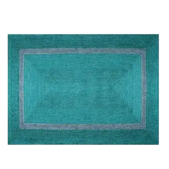 Top view of a Teal and Gray Braided Jute Rug, perfect as an area rug for enhancing your living room decor with its vibrant colors and natural texture.