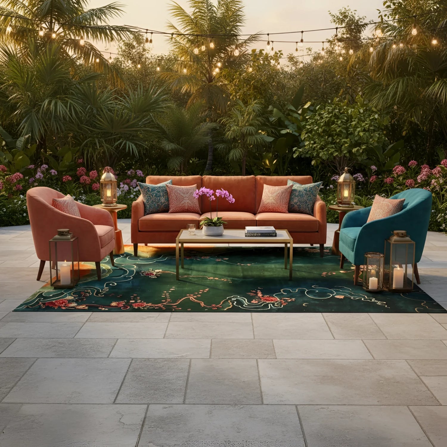 Teal rug with coral floral accents anchoring an outdoor patio lounge with tropical greenery