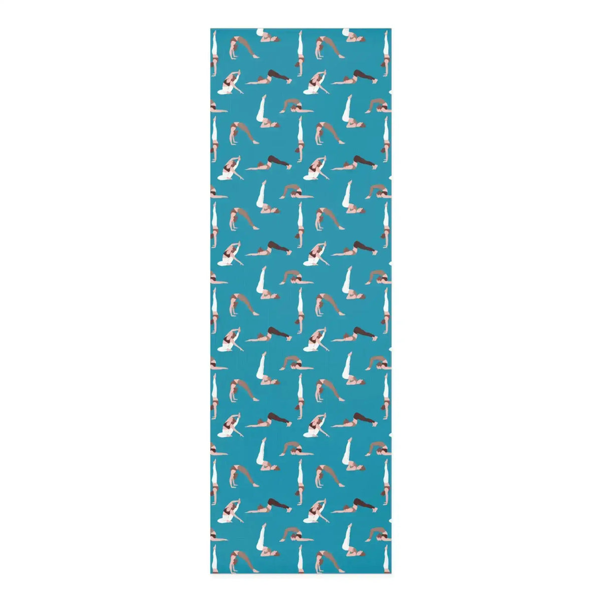 Teal yoga mat printed with a repeating pattern of small figures in varied poses