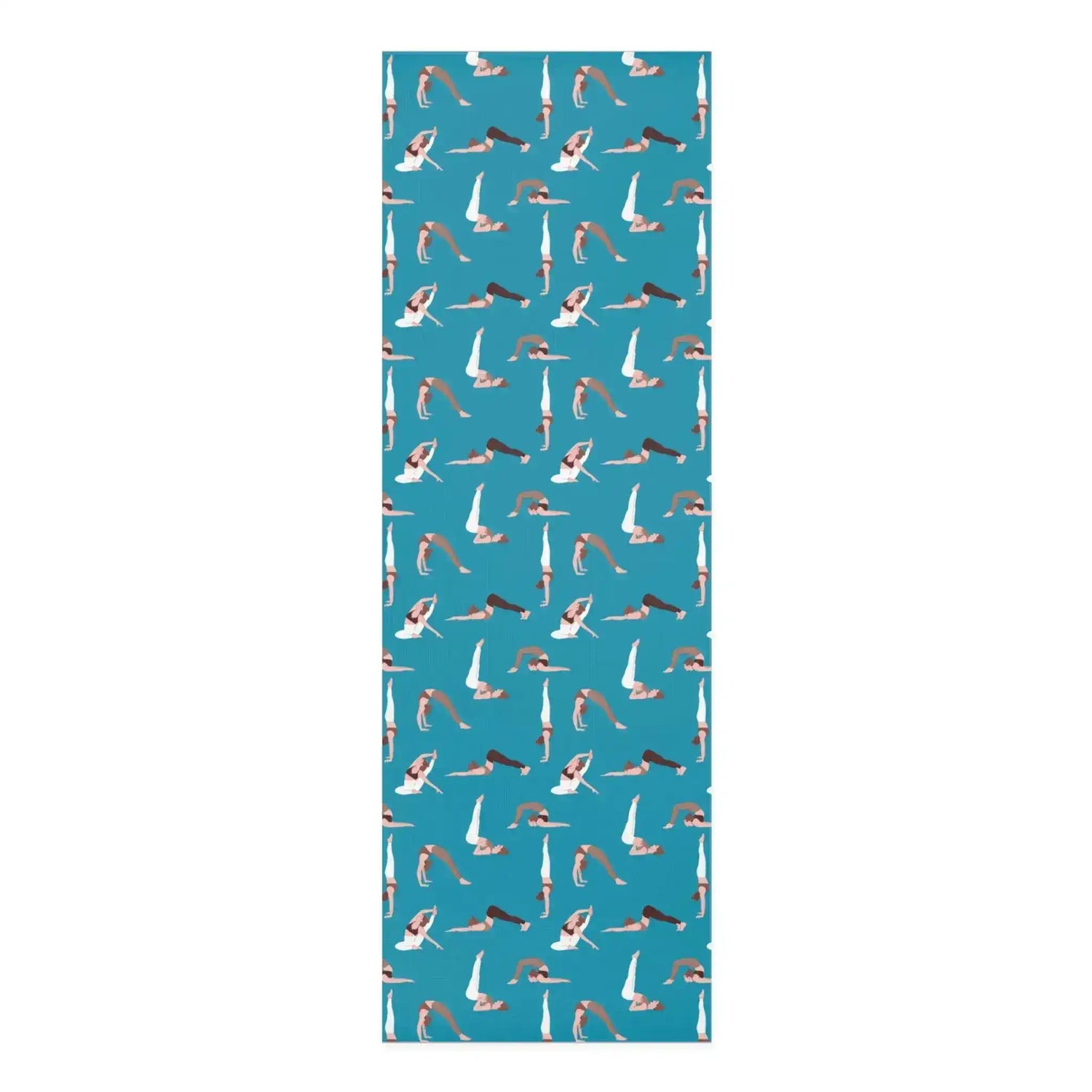 Teal yoga mat printed with a repeating pattern of small figures in varied poses