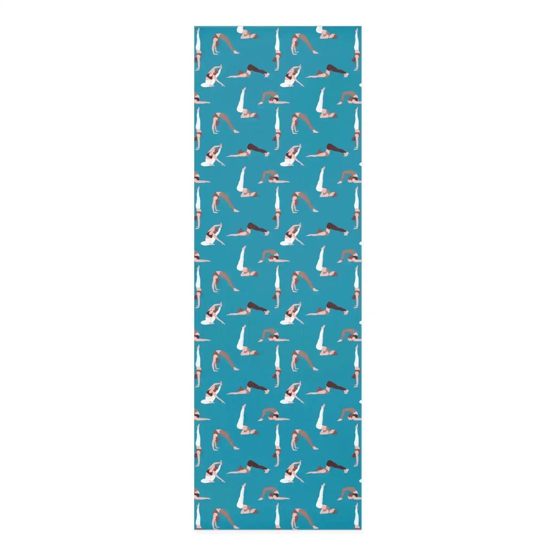 Teal yoga mat printed with a repeating pattern of small figures in varied poses
