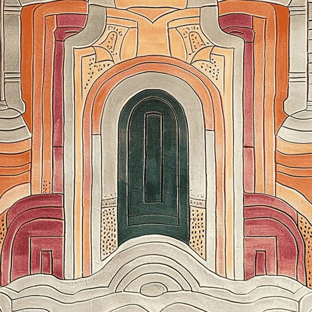 A Temple Courtyard Hand Tufted Rug with an intricate design in warm earthy tones, perfect for adding a contemporary touch to large living rooms. This wool area rug features abstract patterns, making it an ideal choice for those seeking stylish area rugs for living rooms.