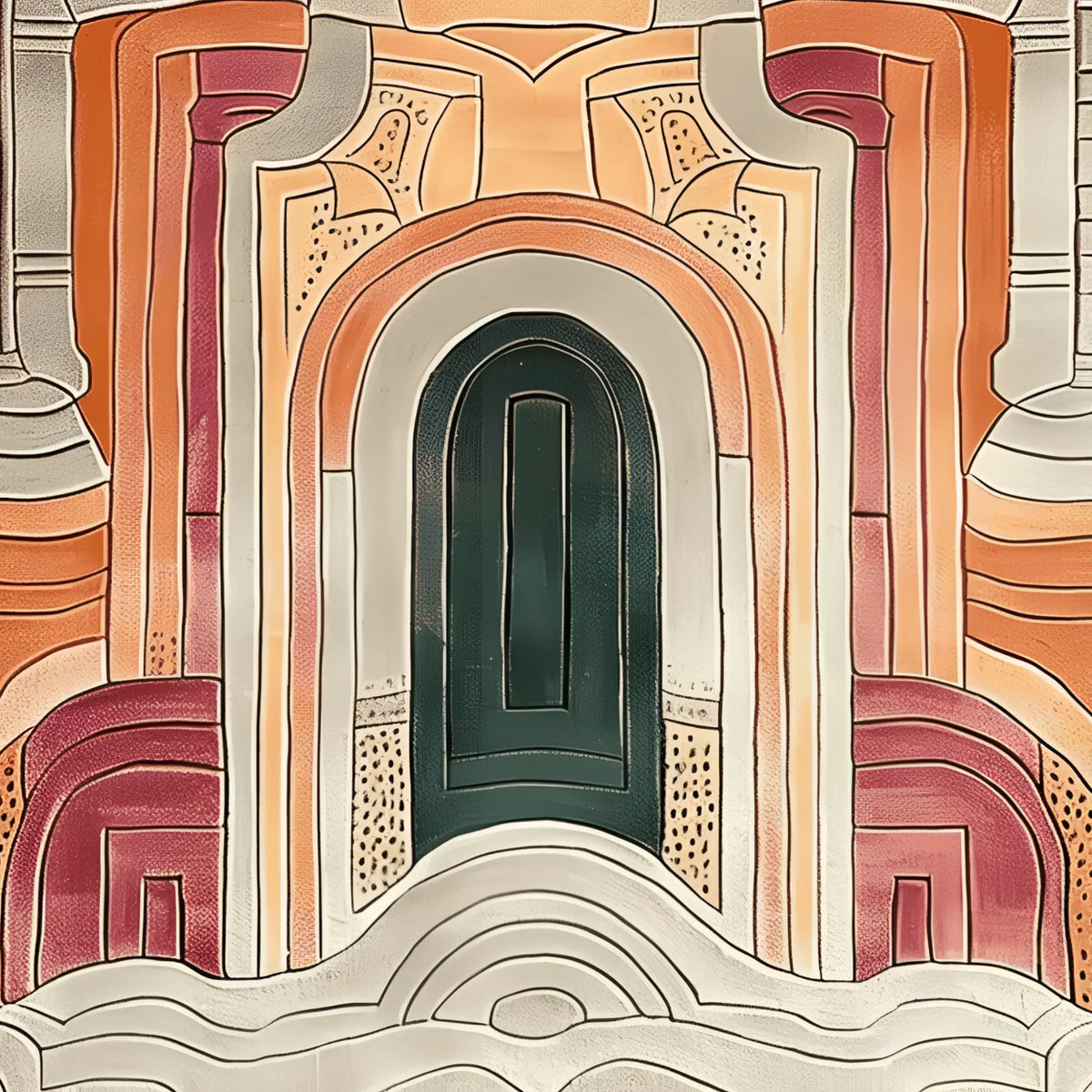 A Temple Courtyard Hand Tufted Rug with an intricate design in warm earthy tones, perfect for adding a contemporary touch to large living rooms. This wool area rug features abstract patterns, making it an ideal choice for those seeking stylish area rugs for living rooms.