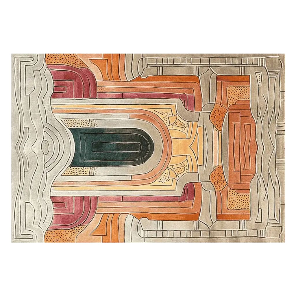 Top view of the Temple Courtyard Hand Tufted Area Rug showcasing an intricate abstract pattern with warm tones of orange, red, and green, ideal for large living rooms. This contemporary wool rug adds a touch of elegance to any area, making it a perfect choice for area rugs in living rooms.