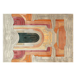 Top view of the Temple Courtyard Hand Tufted Area Rug showcasing an intricate abstract pattern with warm tones of orange, red, and green, ideal for large living rooms. This contemporary wool rug adds a touch of elegance to any area, making it a perfect choice for area rugs in living rooms.