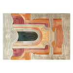 Top view of the Temple Courtyard Hand Tufted Area Rug showcasing an intricate abstract pattern with warm tones of orange, red, and green, ideal for large living rooms. This contemporary wool rug adds a touch of elegance to any area, making it a perfect choice for area rugs in living rooms.