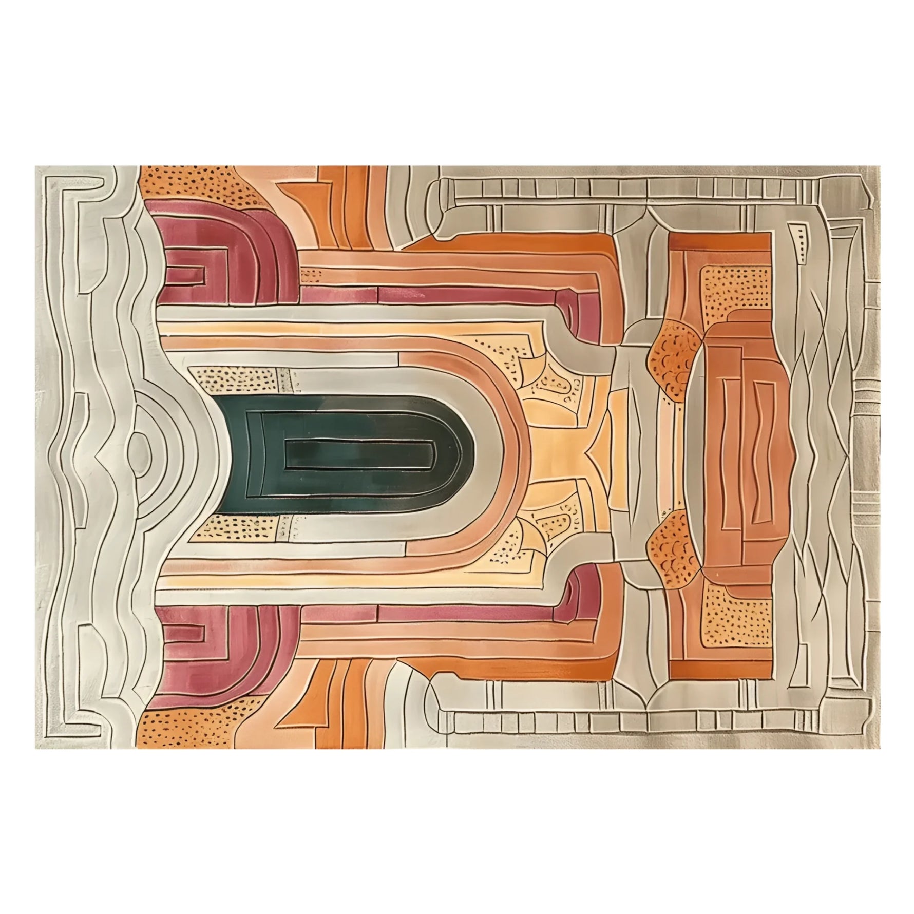 Top view of the Temple Courtyard Hand Tufted Area Rug showcasing an intricate abstract pattern with warm tones of orange, red, and green, ideal for large living rooms. This contemporary wool rug adds a touch of elegance to any area, making it a perfect choice for area rugs in living rooms.