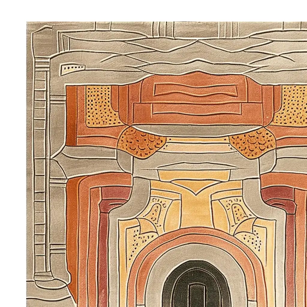 Top view of a Temple Courtyard Hand Tufted Rug showcasing an intricate design with earthy tones, perfect for large living room spaces. This contemporary wool rug features abstract patterns that enhance the decor of any area, making it an elegant choice for those seeking area rugs for living rooms.