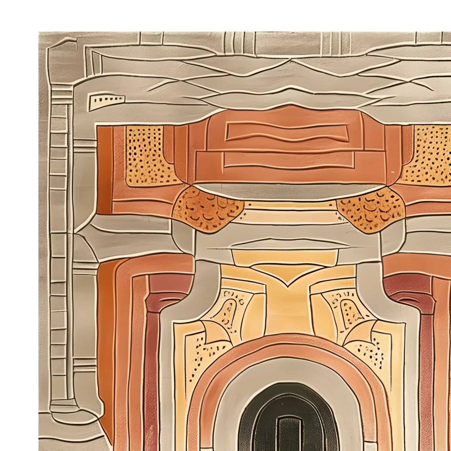 Top view of a Temple Courtyard Hand Tufted Rug showcasing an intricate design with earthy tones, perfect for large living room spaces. This contemporary wool rug features abstract patterns that enhance the decor of any area, making it an elegant choice for those seeking area rugs for living rooms.