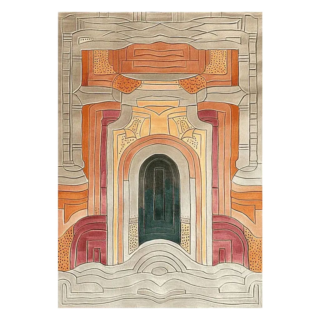 The Temple Courtyard Hand Tufted Rug showcases a vibrant abstract design with rich earthy tones and intricate patterns, perfect for a contemporary rug setting. This wool area rug adds warmth and elegance to large living room spaces, making it an ideal choice for area rugs for living room use.