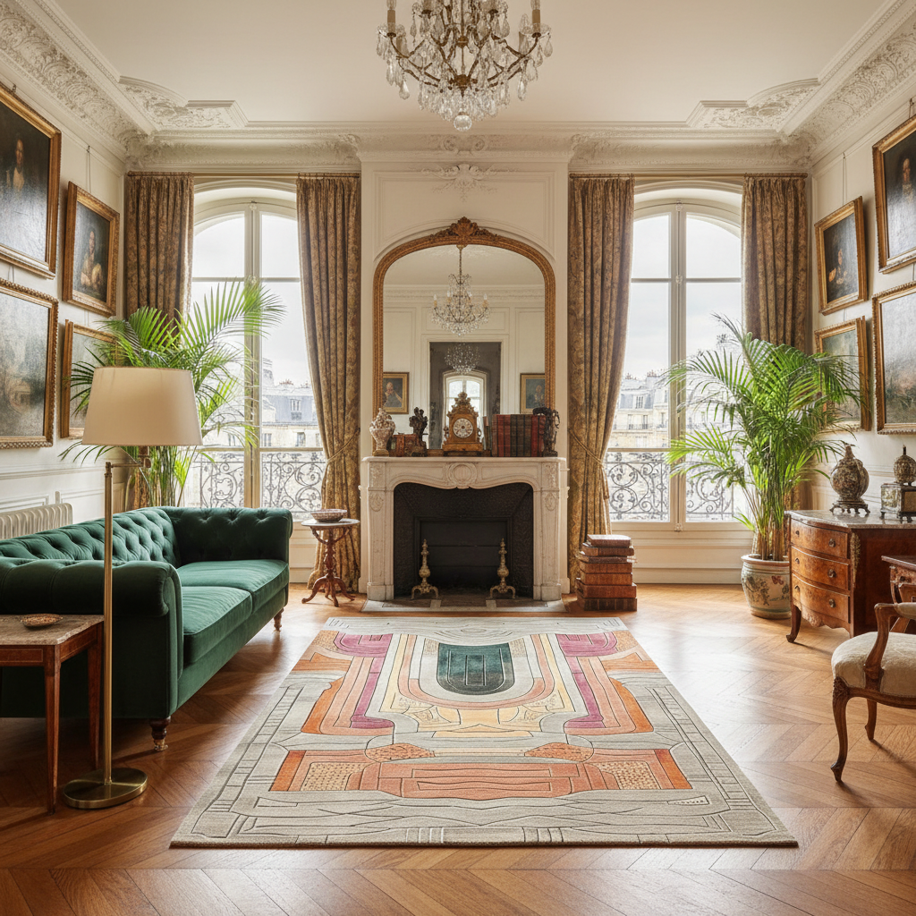 Luxurious living room with green sofa, fireplace, and decorative rug.