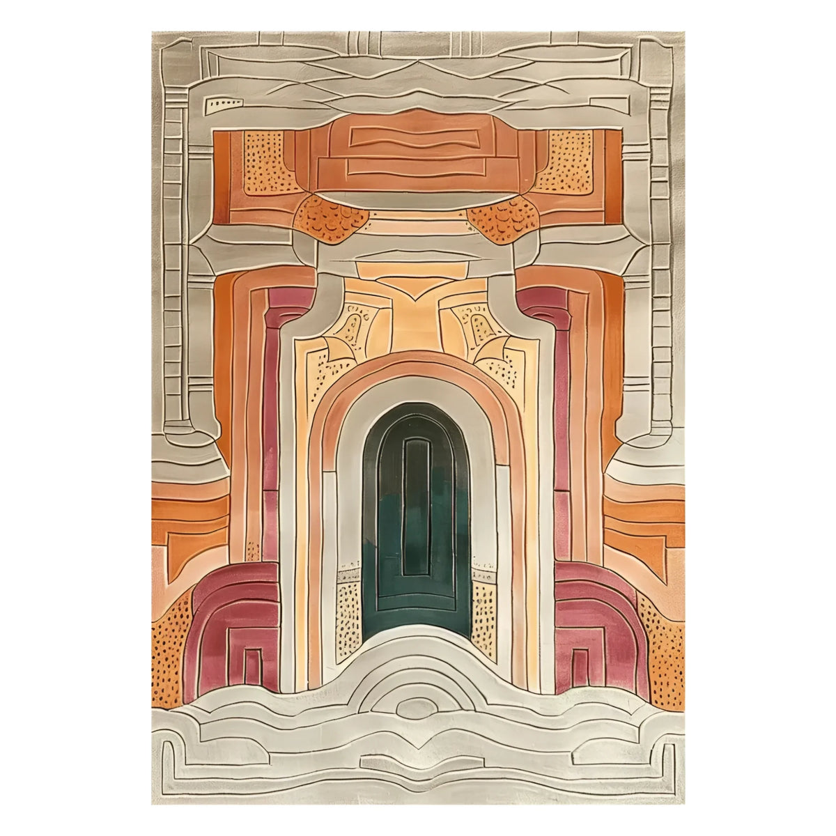 The Temple Courtyard Hand Tufted Rug showcases a vibrant abstract design with rich earthy tones and intricate patterns, perfect for a contemporary rug setting. This wool area rug adds warmth and elegance to large living room spaces, making it an ideal choice for area rugs for living room use.