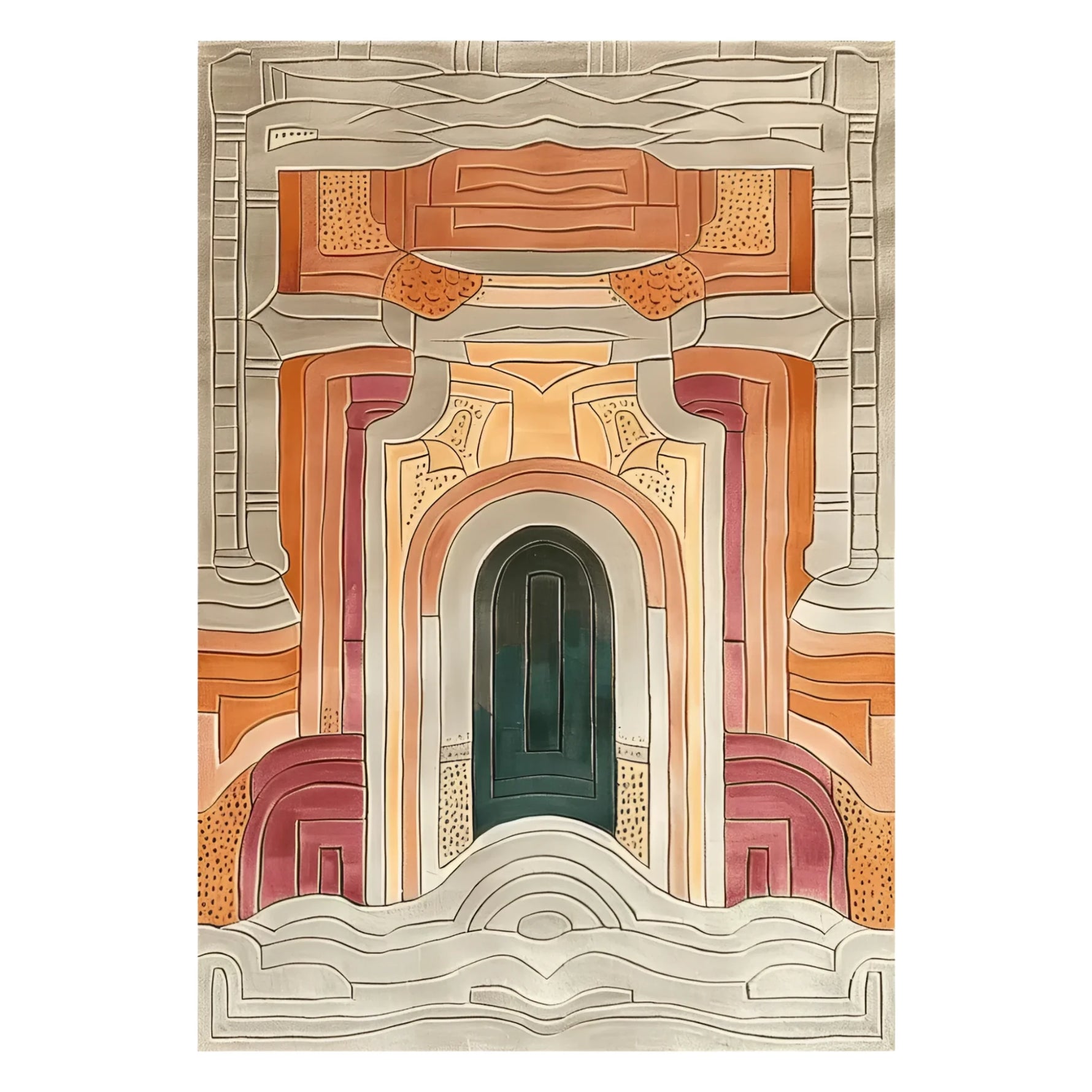 The Temple Courtyard Hand Tufted Rug showcases a vibrant abstract design with rich earthy tones and intricate patterns, perfect for a contemporary rug setting. This wool area rug adds warmth and elegance to large living room spaces, making it an ideal choice for area rugs for living room use.