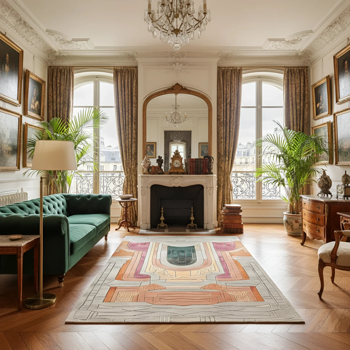 Luxurious living room with green sofa, fireplace, and decorative rug.