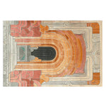 The Temple Gate Hand Tufted Rug features a stunning abstract design with earthy tones of orange, beige, and gray, perfect for large living rooms. This contemporary wool rug is an ideal area rug for enhancing the decor in your living room.