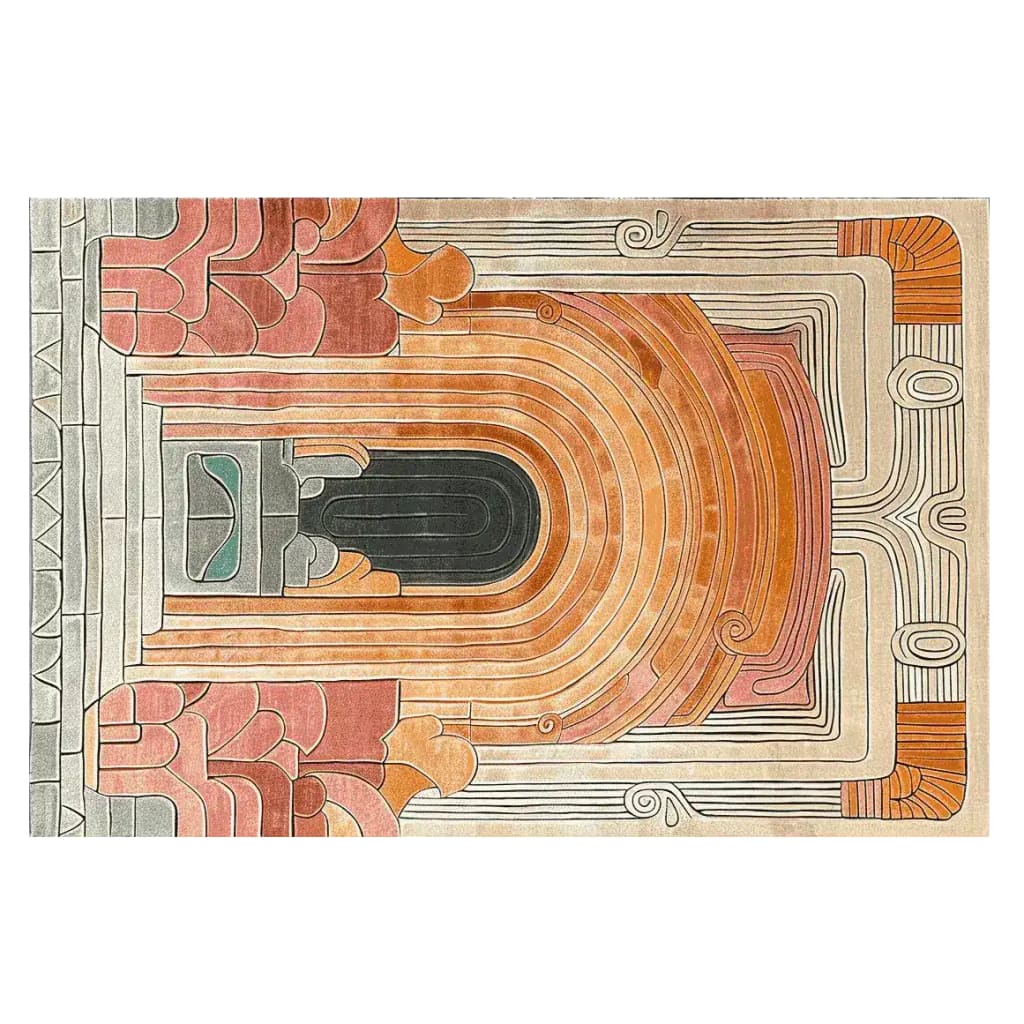 The Temple Gate Hand Tufted Rug features a stunning abstract design with earthy tones of orange, beige, and gray, perfect for large living rooms. This contemporary wool rug is an ideal area rug for enhancing the decor in your living room.