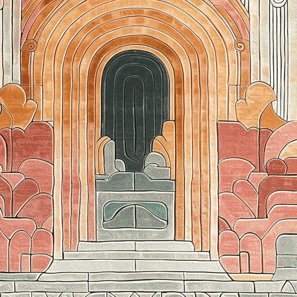 This vibrant Temple Gate Hand Tufted Rug features a contemporary design with abstract arch patterns in warm tones of orange, pink, and grey. Perfect as a large living room rug, this wool rug adds a modern touch to any area rugs for living room collection.