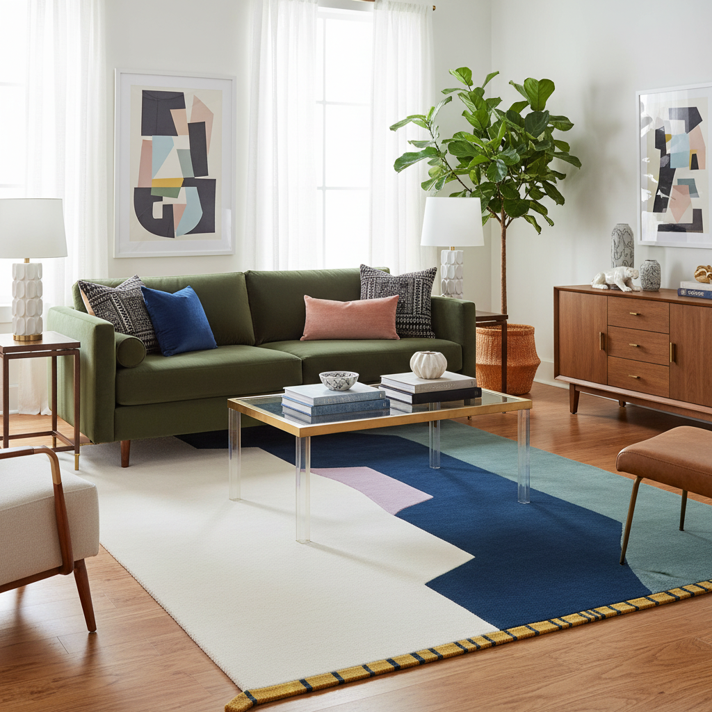Modern living room with a green sofa, colorful rug, and decorative items.