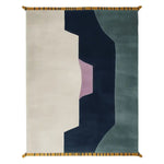A contemporary wool area rug featuring an abstract design with bold geometric shapes in navy, cream, and green, perfect for adding style to a living room. This hand-tufted rug showcases a modern aesthetic, ideal for those seeking unique area rugs for living room decor.