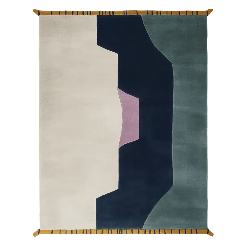 A contemporary wool area rug featuring an abstract design with bold geometric shapes in navy, cream, and green, perfect for adding style to a living room. This hand-tufted rug showcases a modern aesthetic, ideal for those seeking unique area rugs for living room decor.