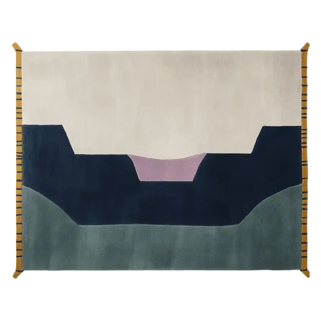 This hand-tufted area rug features a contemporary abstract design with bold geometric shapes in shades of cream, navy, and green, perfect for adding a modern touch to living room decor. Crafted from high-quality wool, this rug combines style and durability, making it an ideal choice for area rugs for living rooms.