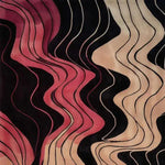 Vibrant terracotta tapestry hand tufted area rug with a contemporary abstract design. The wool rug features flowing waves of red, pink, and beige against a dark background, ideal for a living room. This large area rug adds a modern touch to any living room space.
