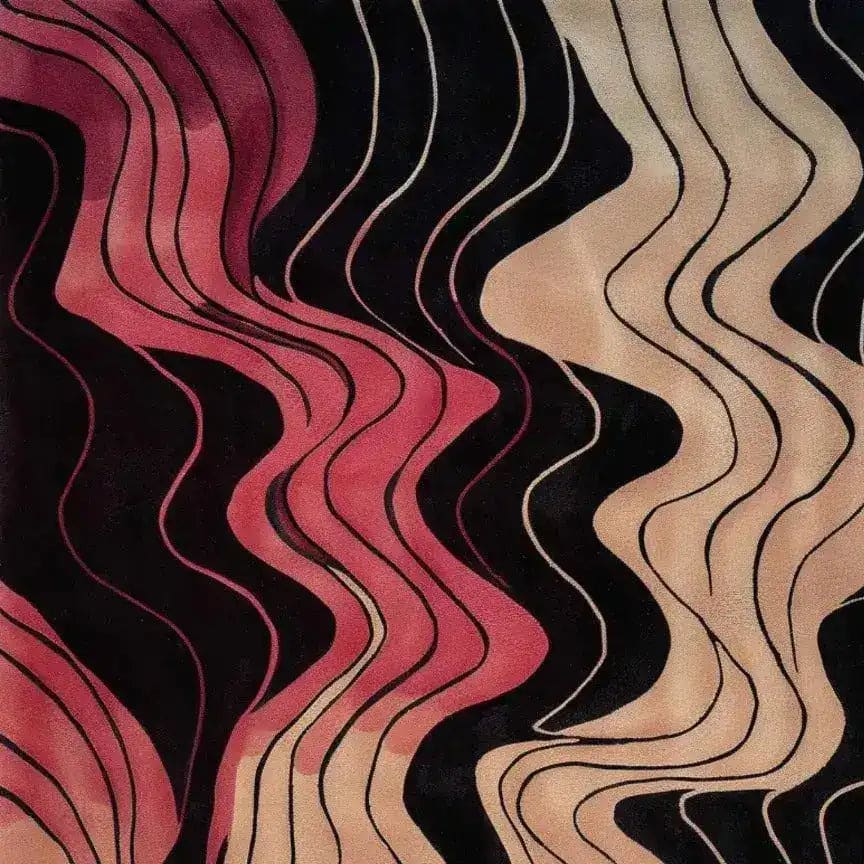 Vibrant terracotta tapestry hand tufted area rug with a contemporary abstract design. The wool rug features flowing waves of red, pink, and beige against a dark background, ideal for a living room. This large area rug adds a modern touch to any living room space.