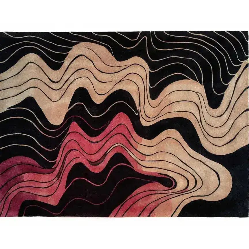 This contemporary area rug features an abstract wave pattern in shades of terracotta, black, and beige. Perfect for adding a stylish touch to your living room, this hand-tufted wool rug brings warmth and elegance to large spaces. Ideal for those seeking large area rugs for living room settings.
