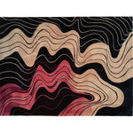 This contemporary area rug features an abstract wave pattern in shades of terracotta, black, and beige. Perfect for adding a stylish touch to your living room, this hand-tufted wool rug brings warmth and elegance to large spaces. Ideal for those seeking large area rugs for living room settings.