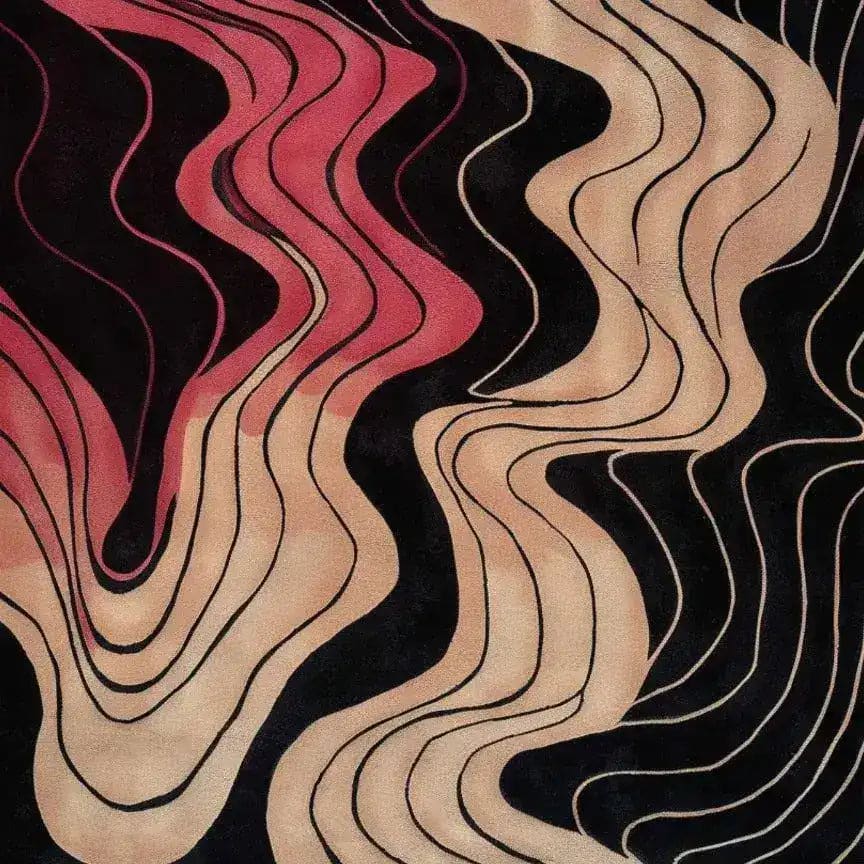 This image showcases a contemporary hand-tufted wool rug with a vibrant terracotta and beige abstract pattern, ideal for adding a touch of elegance to any living room. The large area rug features wavy lines and bold colors, making it a perfect centerpiece for modern interiors.