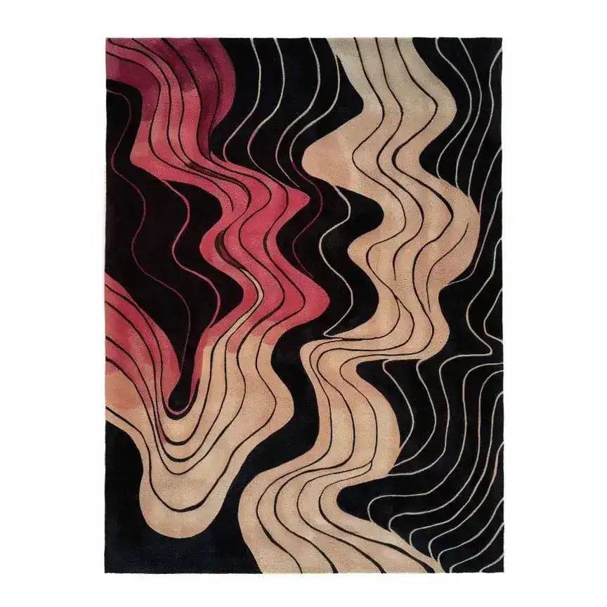 A contemporary hand tufted area rug featuring an abstract design with wavy patterns in shades of red, beige, and black. This wool rug is perfect for adding a modern touch to a living room. Ideal for those seeking large area rugs to enhance their living room decor.