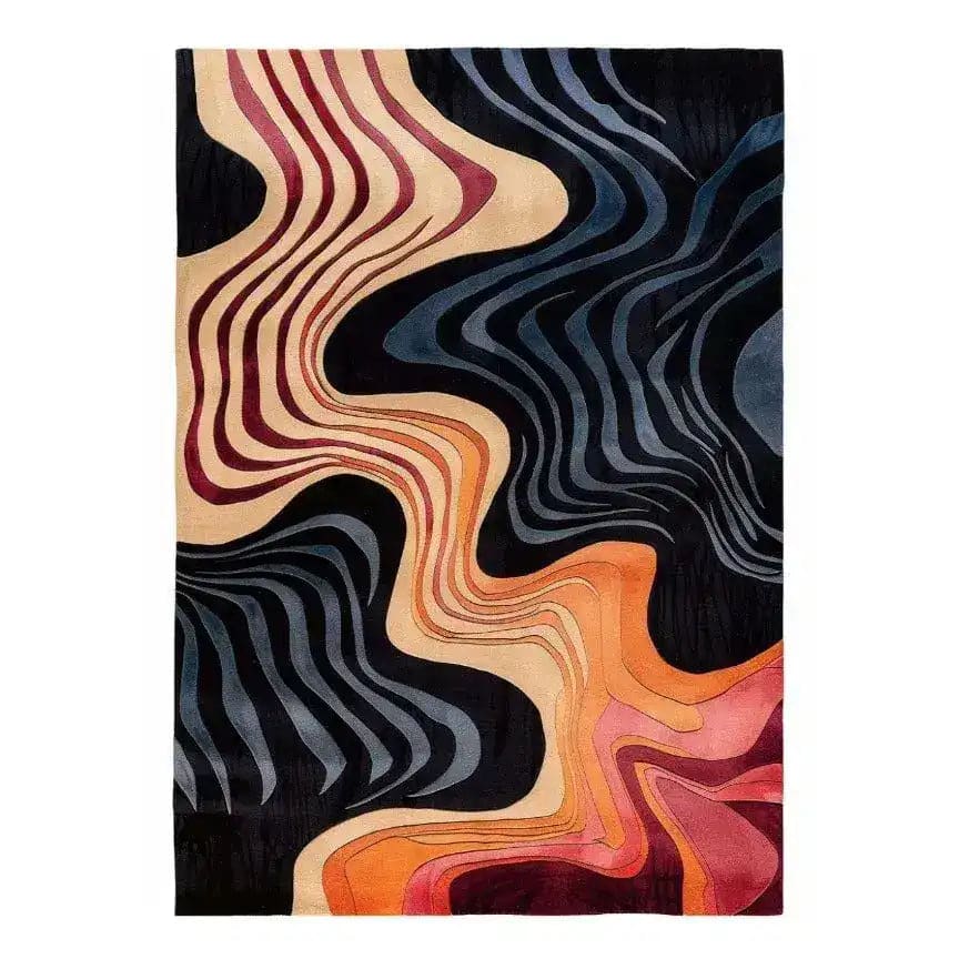 A stunning abstract Terracotta Tide hand-tufted area rug, perfect for adding a contemporary touch to living rooms and dining rooms. The rug features wavy, multicolored patterns in shades of black, orange, and burgundy, making it a stylish choice for any bedroom or dining room area. Crafted from wool, this elegant rug combines modern design with comfort.