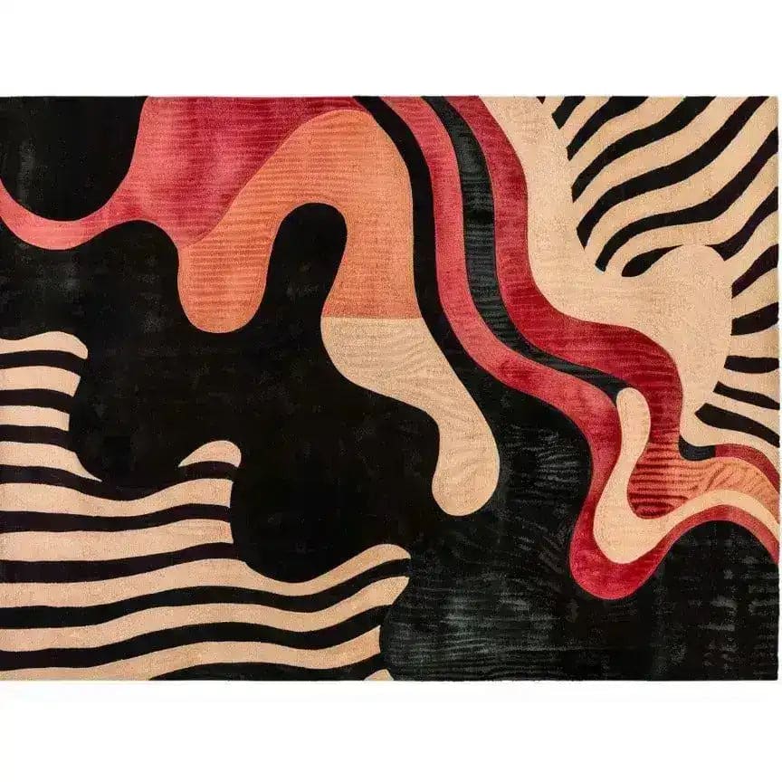 Terracotta Twist Hand Tufted Area Rug featuring an abstract design with flowing curves in shades of terracotta, black, and cream. Ideal for large living room rugs, dining room area rugs, and contemporary settings, this wool rug adds a modern touch to any space.