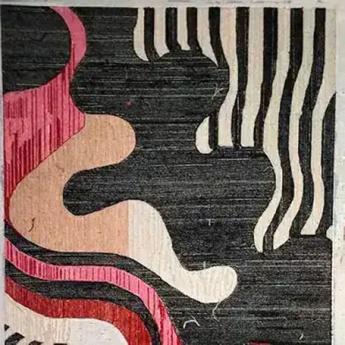 Contemporary Terracotta Twist Hand Tufted Area Rug featuring an abstract design with bold curves in shades of black, cream, and pink. Perfect for large living rooms or dining areas, this wool rug adds a modern touch to any space.