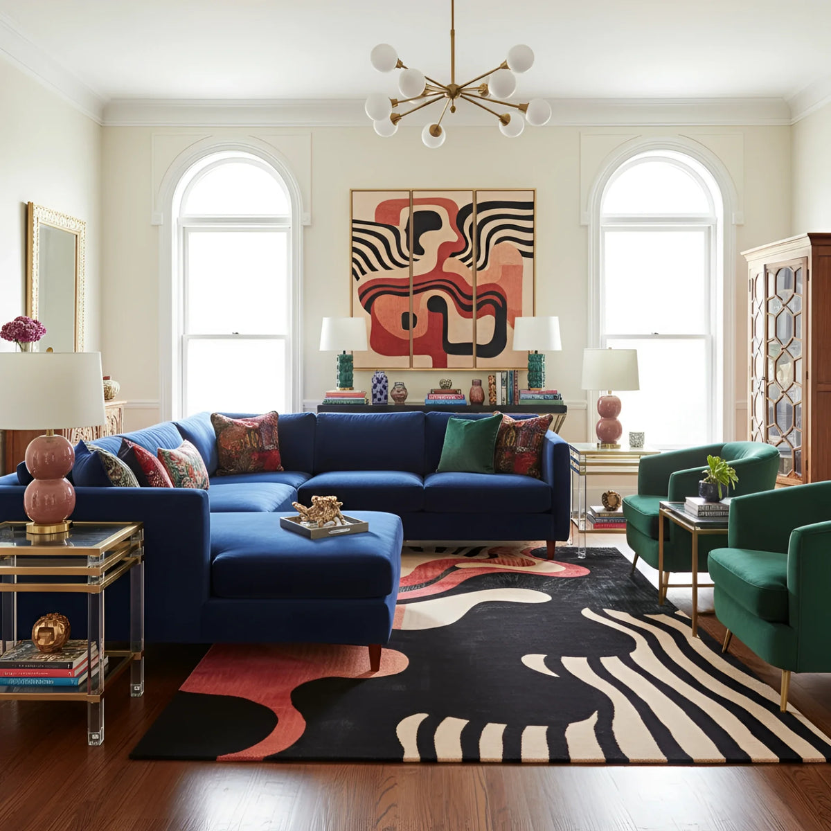 Living room with a blue sofa, colorful rug, and abstract art on the wall.