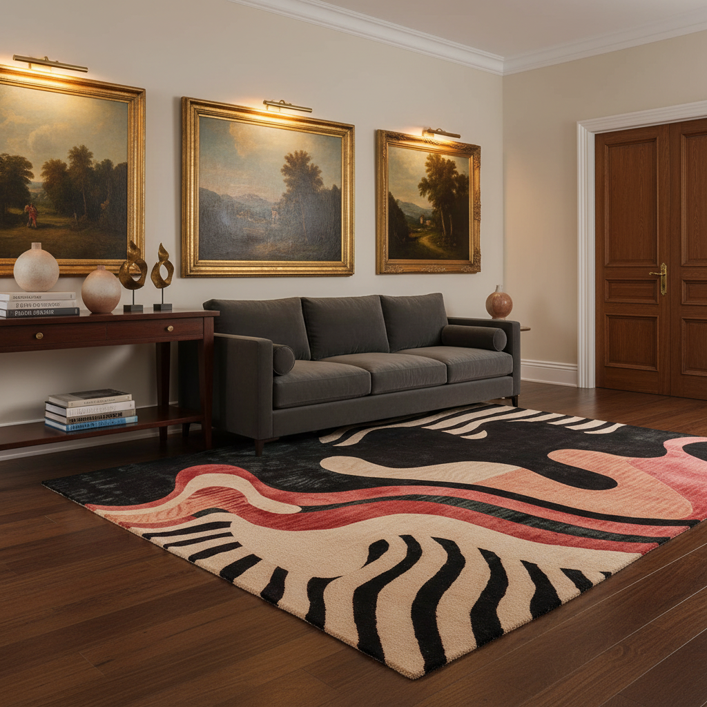 Living room with a gray sofa, decorative rug, and wall art.