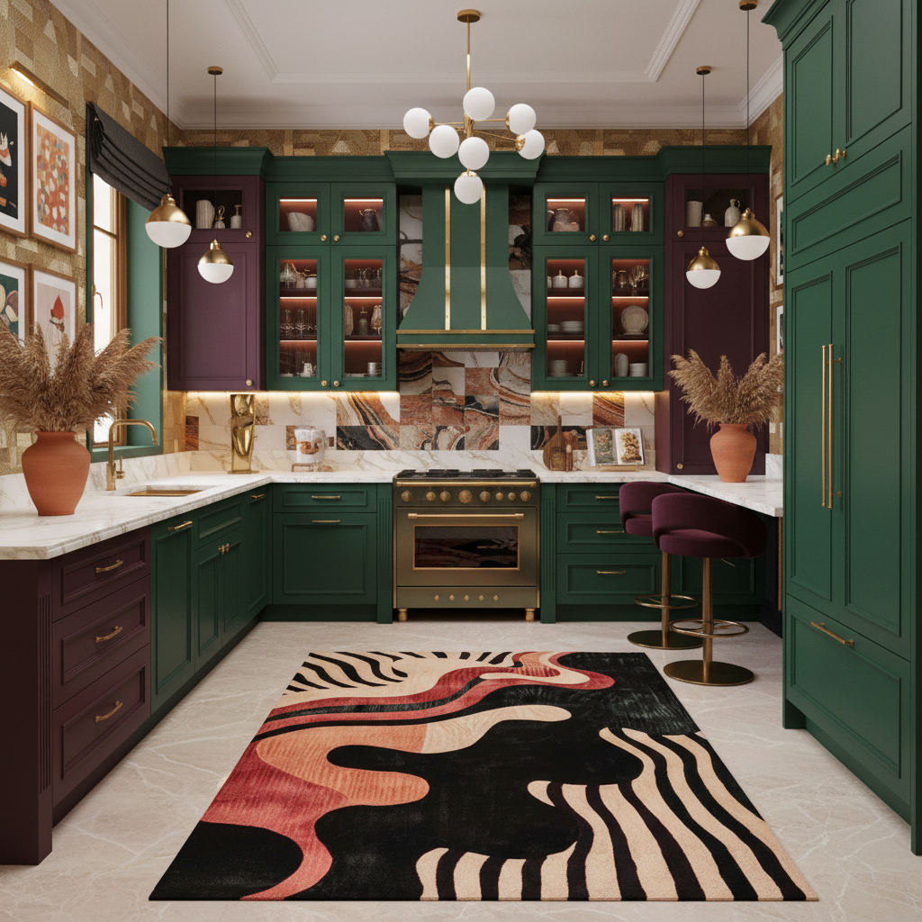 Modern kitchen with green cabinets, a colorful rug on the floor, and decorative elements.