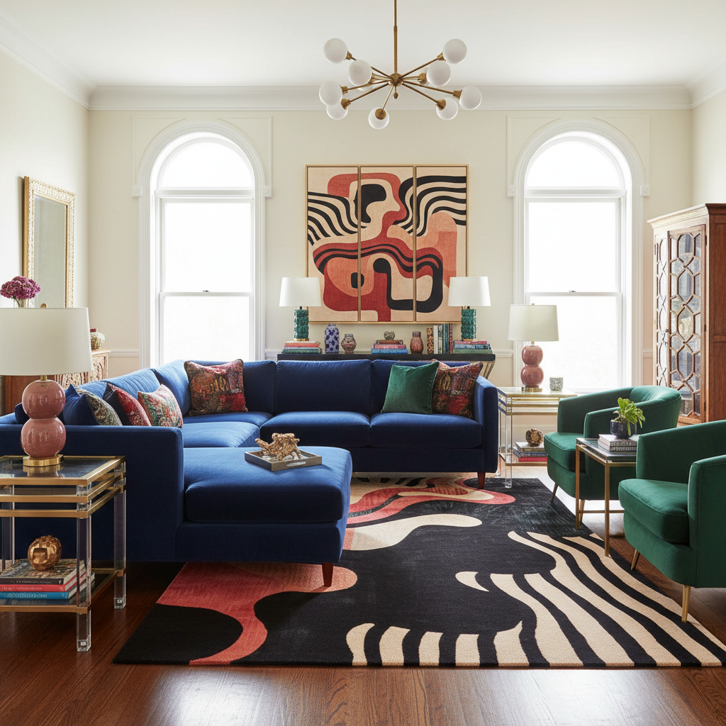 Living room with a blue sofa, colorful rug, and abstract art on the wall.