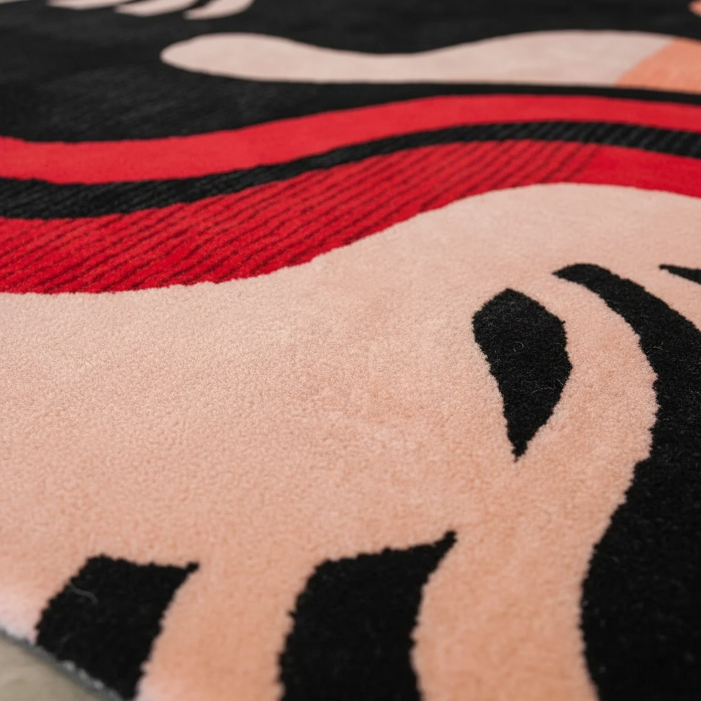 Close-up of a plush toy with a zebra pattern featuring black, beige, and red colors.