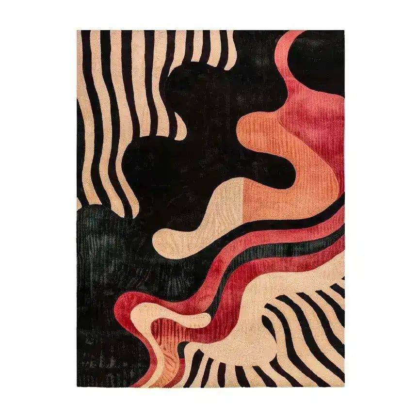 The Terracotta Twist Hand Tufted Area Rug features an abstract design with flowing stripes in earthy tones of terracotta, black, and beige. Perfect for large living rooms or dining rooms, this contemporary wool rug adds a bold statement to any space.