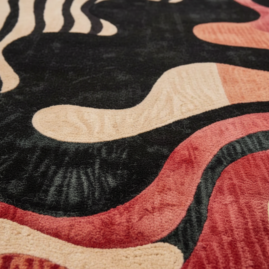 Close-up of a textured rug with wavy patterns in black, beige, and red.