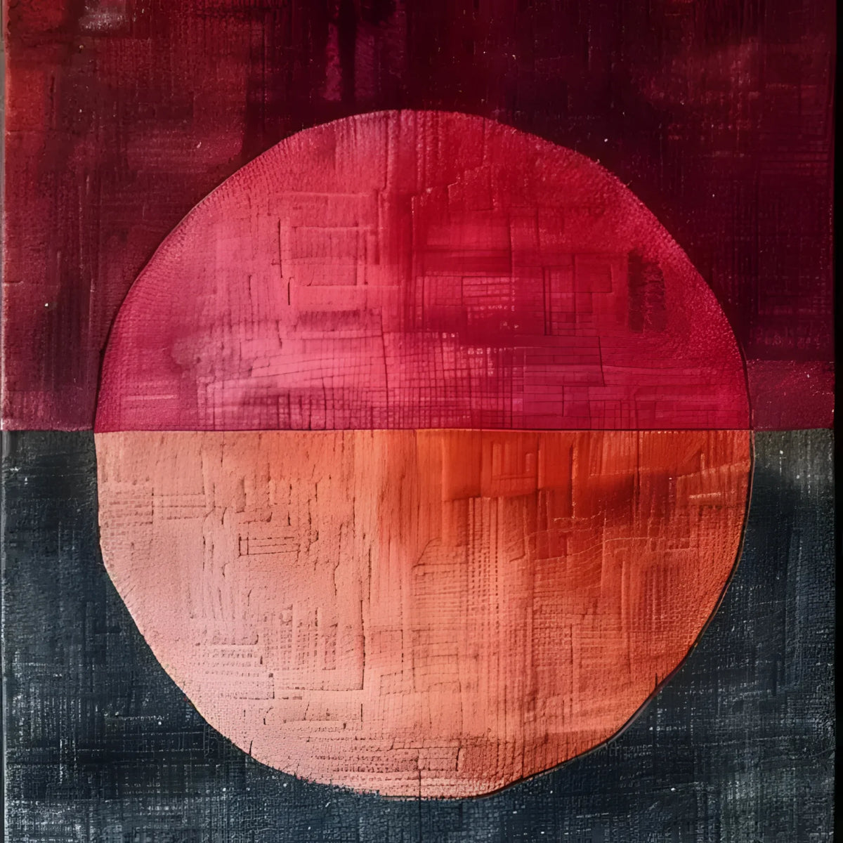 A stylish, textured abstract wool rug in warm red and orange hues, perfect for adding a contemporary touch to your living room or as a hallway runner rug. This hand-tufted area rug features a bold circular design that captures attention and complements any modern decor, making it an ideal choice for kitchen rugs or bathroom runner rugs.