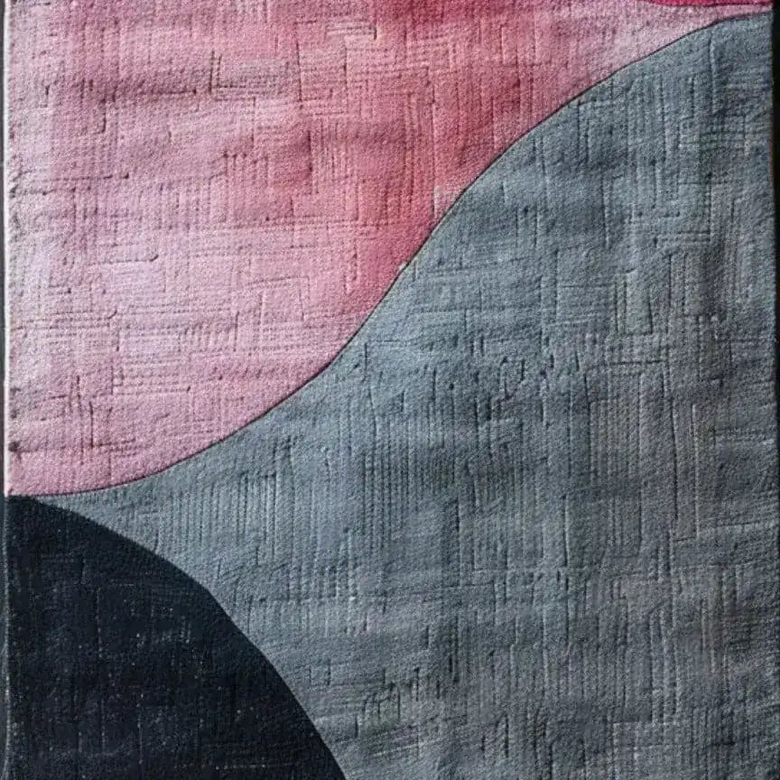 Top view of a textured abstract art hand tufted wool area rug featuring a contemporary design with pink and gray curves, perfect for use as a living room rug, kitchen runner rug, or hallway runner rug. Ideal for those seeking stylish area rugs for living rooms or unique bathroom runner rugs.