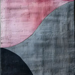Top view of a textured abstract art hand tufted wool area rug featuring a contemporary design with pink and gray curves, perfect for use as a living room rug, kitchen runner rug, or hallway runner rug. Ideal for those seeking stylish area rugs for living rooms or unique bathroom runner rugs.