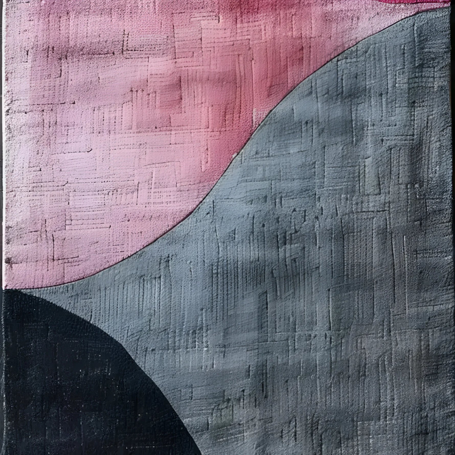 Top view of a textured abstract art hand tufted wool area rug featuring a contemporary design with pink and gray curves, perfect for use as a living room rug, kitchen runner rug, or hallway runner rug. Ideal for those seeking stylish area rugs for living rooms or unique bathroom runner rugs.