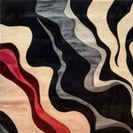 Top view of the 'Textured Visions' hand-tufted wool area rug, featuring an abstract wave design in black, beige, gray, and red. Ideal for adding a contemporary touch to bedrooms or offices, this wool rug is perfect for those seeking stylish and cozy bedroom area rugs.