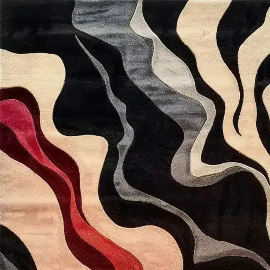 Top view of the 'Textured Visions' hand-tufted wool area rug, featuring an abstract wave design in black, beige, gray, and red. Ideal for adding a contemporary touch to bedrooms or offices, this wool rug is perfect for those seeking stylish and cozy bedroom area rugs.