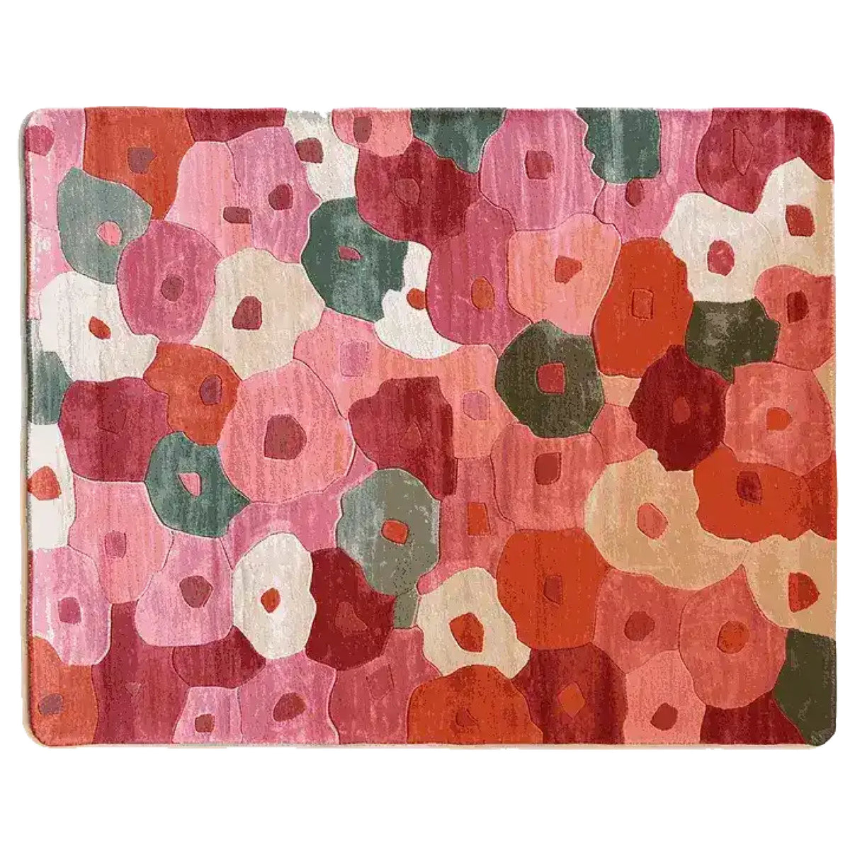 A vibrant hand tufted area rug with an abstract floral pattern, perfect for large living rooms. This 8x10 wool rug showcases a mix of pink, red, green, and orange hues, adding a touch of spring to any space.
