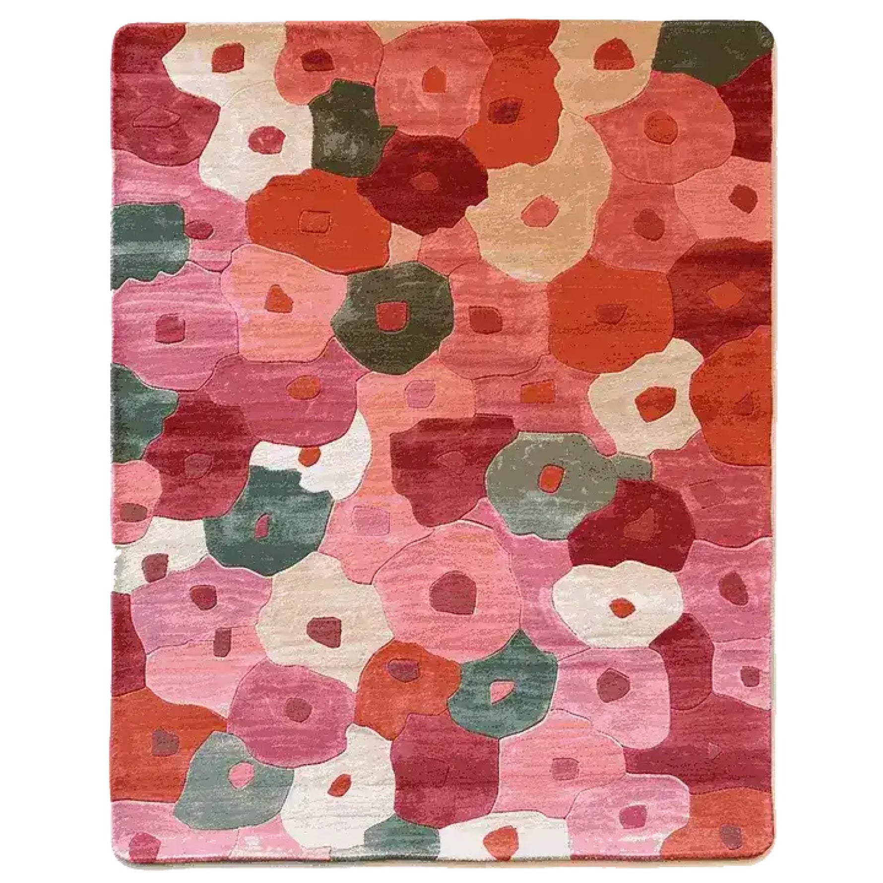 Vibrant and colorful 'Textures of Spring' hand-tufted area rug featuring an abstract floral design. Perfect for large living rooms, this 8x10 wool rug adds a splash of color with its pink, orange, and green tones, creating a lively and inviting atmosphere.